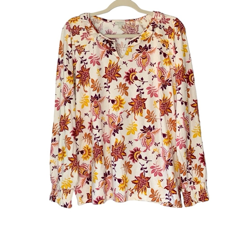 Talbots cotton cream split crewneck with long sleeve with Fall print. EUC Size L